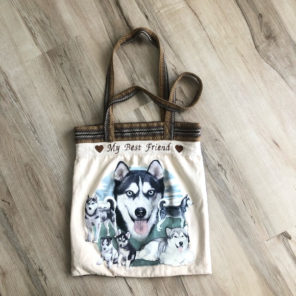 MY BEST FRIEND Husky Dog Lover's Tote Canvas Bag - Cream and Brown - Picture 2 of 9